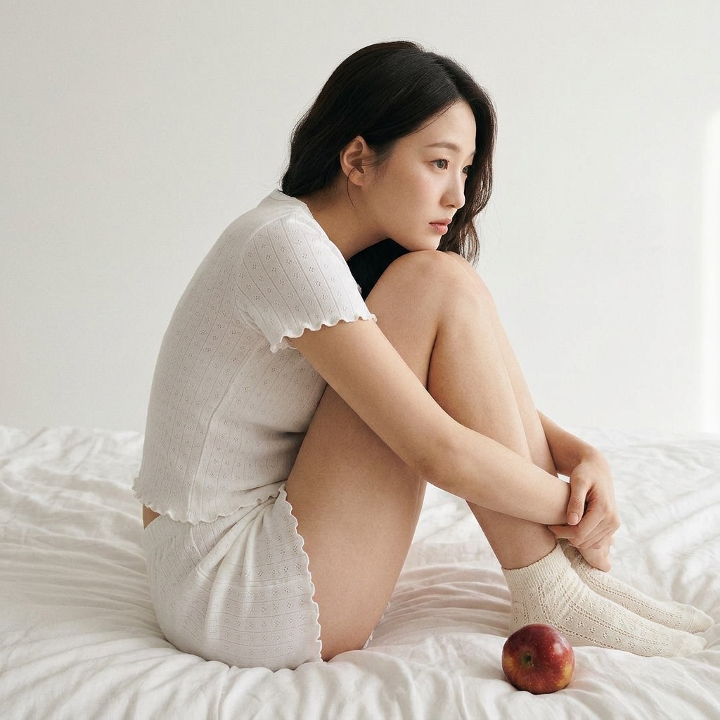 밝은 침실에서 화이트 라운지웨어를 입은 모델의 룩북 이미지